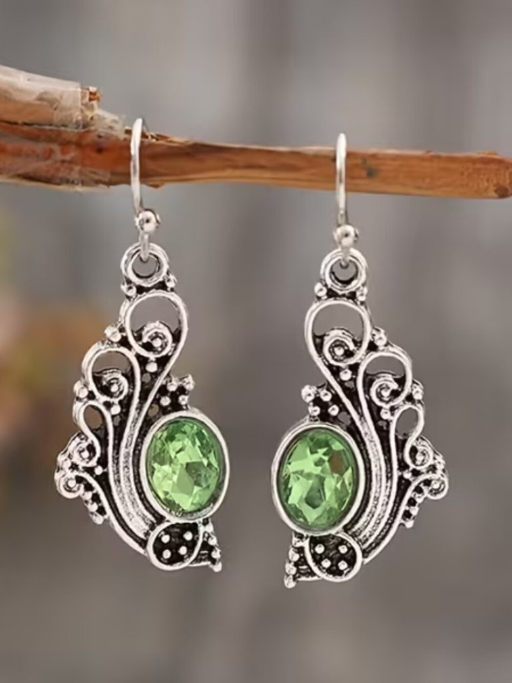 Oval Peridot Earrings Wrapped in Silver Tendrils Peacock Plumage Filigree